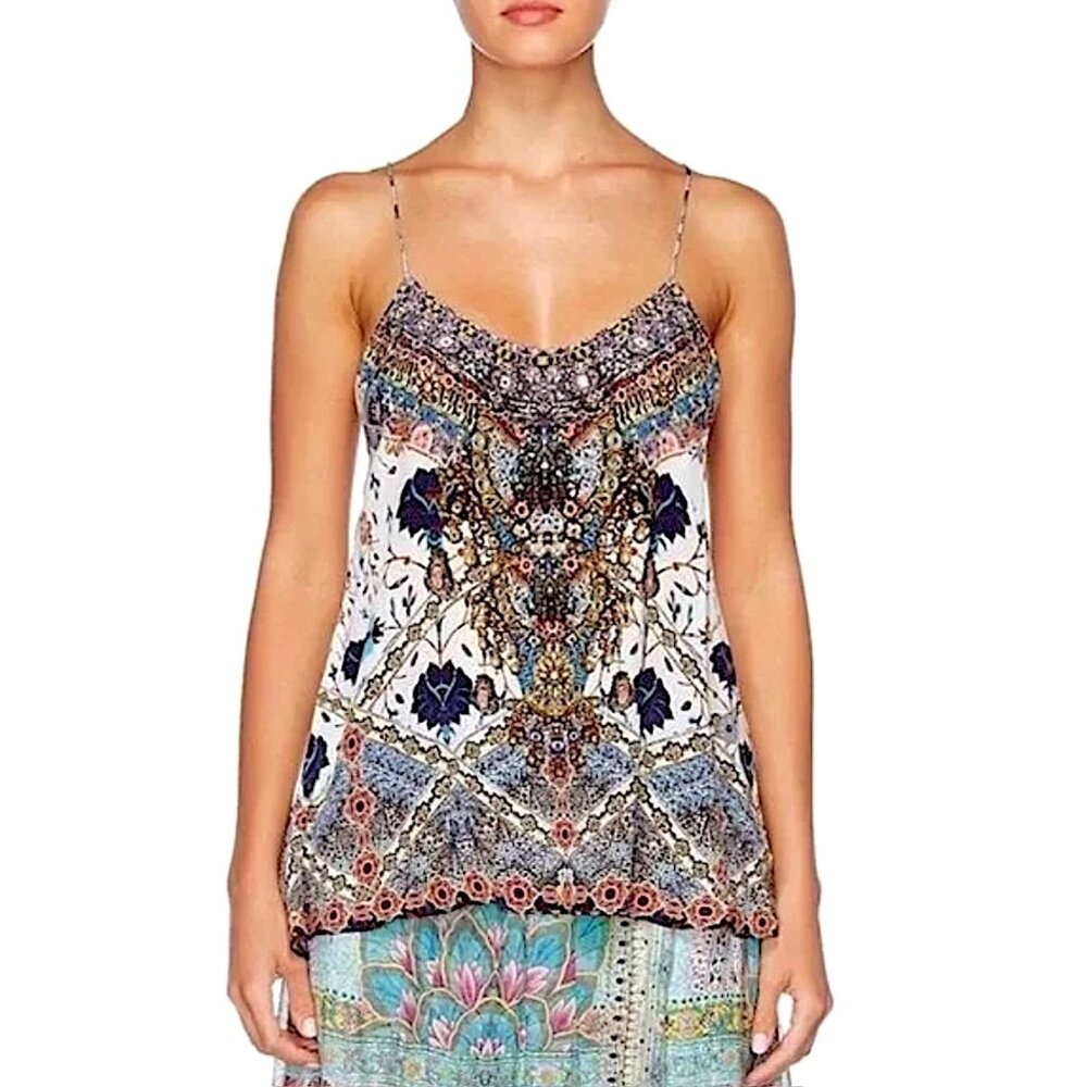 Camilla Shoestring Strap Embellished Silk Tank Top Size S